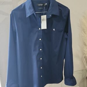Ralph Lauren Navy Blue Dress Cotton Stretch Shirt with Classic Collar Never Worn